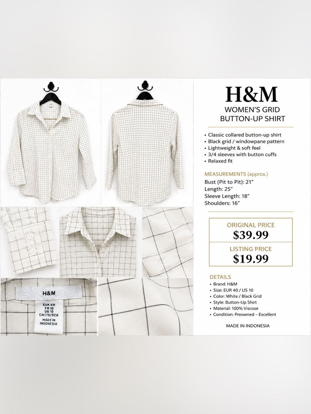H&M White Black Windowpane Grid Button Down Shirt Size 10